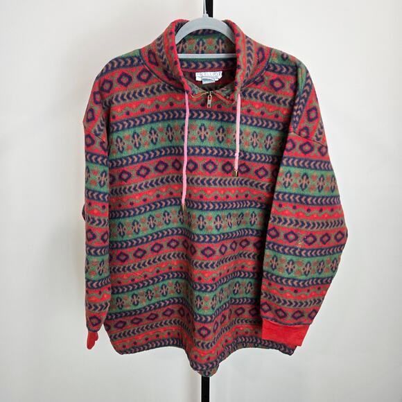 Vintage 90 Southwestern PK Elliot Sport Fleece Zip Sweater Red Green Aztec Print - Picture 1 of 6